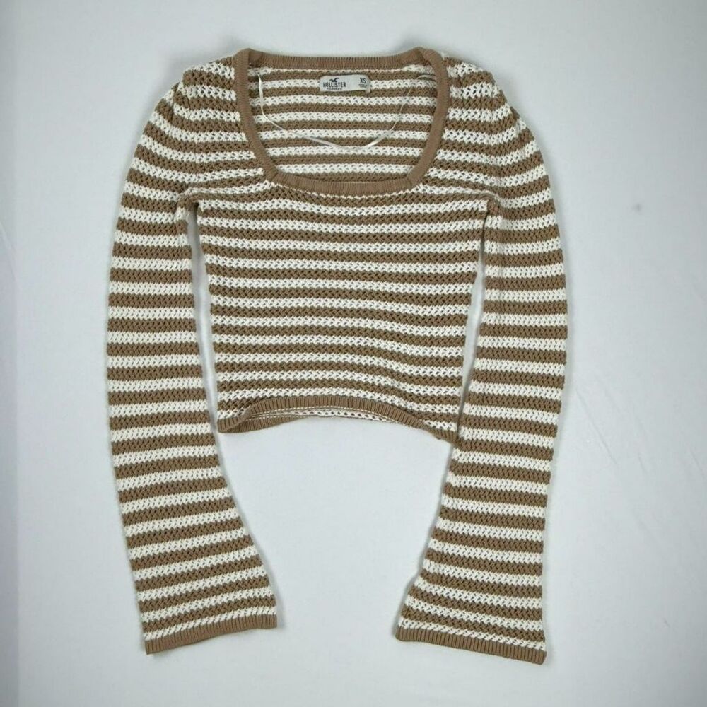 Hollister Brown Striped Open Knit Cropped Sweater Top 100% Cotton - XS